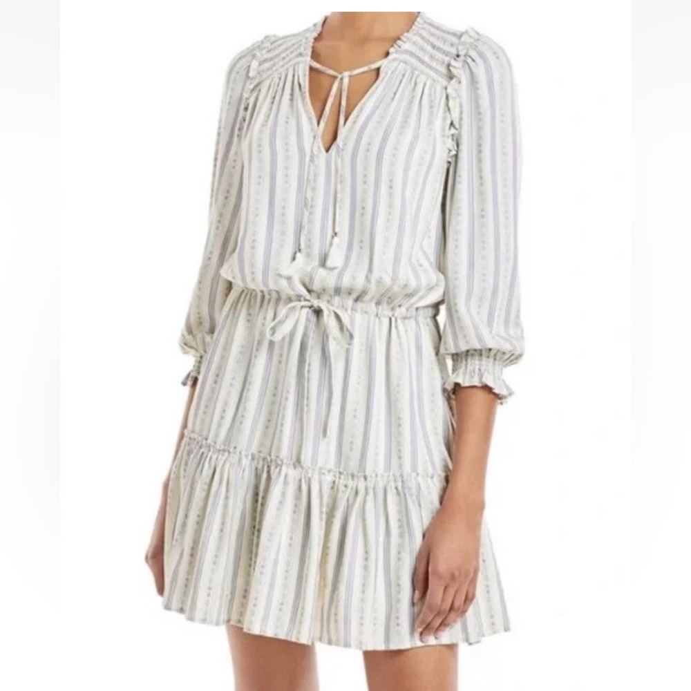 PAIGE bohemian Kaylynn Striped Tie Neck Ruffle Dress in Arona blue white XS